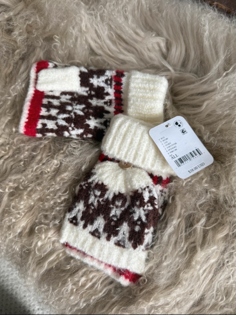Free People Cream, Brown & Red Knit Convertible Mittens